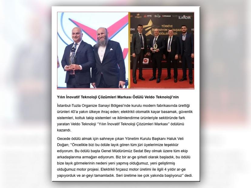"Yılın İnovatif Teknoloji Çözümleri Markası Ödülü Veldo Teknoloji’nin" (Cnntürk, Hürriyet, Milliyet, Posta Gazeteleri, 22 Kasım 2021)
